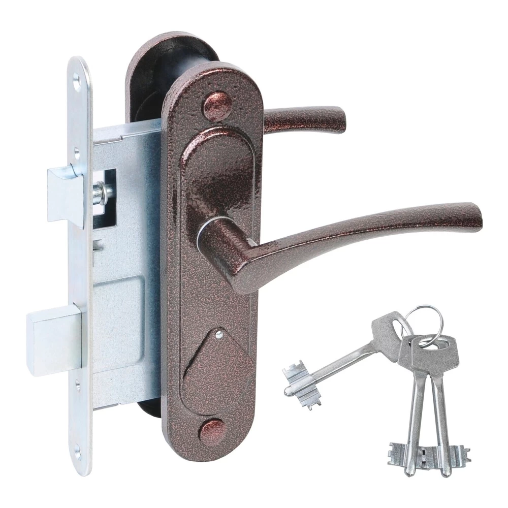 Фото Замок врезной сувальдный с защёлкой в комплекте с ручкой ЗВ9.2-07 (медь антик), 3 кл.